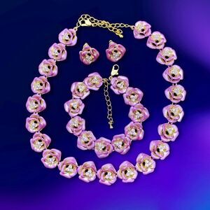 Vintage sample pink enameled rose with crystal necklace earrings bracelet set